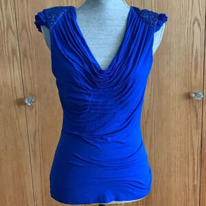 Bebe Cowl Neck Sequin/lace Shoulder Top Size M Blue